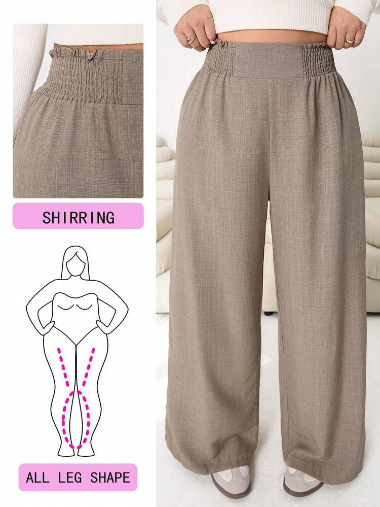 Solflare 2026 Spring/Summer New Casual Everyday Outings, Parties, Commuting, Back To School, Dates, Home, Birthday Parties, Multi-Occasion Wear Loose Elastic Waist Trousers, Wide-Leg, Beige, Plus Size | SHEIN