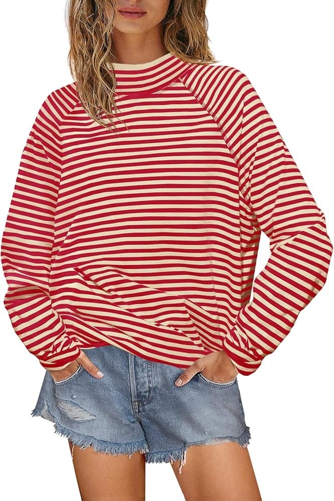 Yanekop Womens Striped Mock Neck Shirts Oversized Long Sleeve Tops Casual Pullover Tops Fall Fash... | Amazon (US)