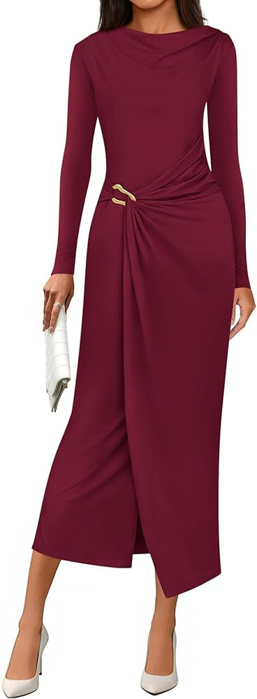 PRETTYGARDEN Women's Fall Wedding Guest Cocktail Midi Dresses Elegant Long Sleeve Bodycon Ruched ... | Amazon (US)