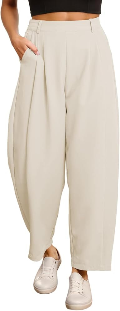 EVALESS Womens Wide Leg Barrel Pants Elastic High Waisted Side Pocket Palazzo Trousers Business W... | Amazon (US)