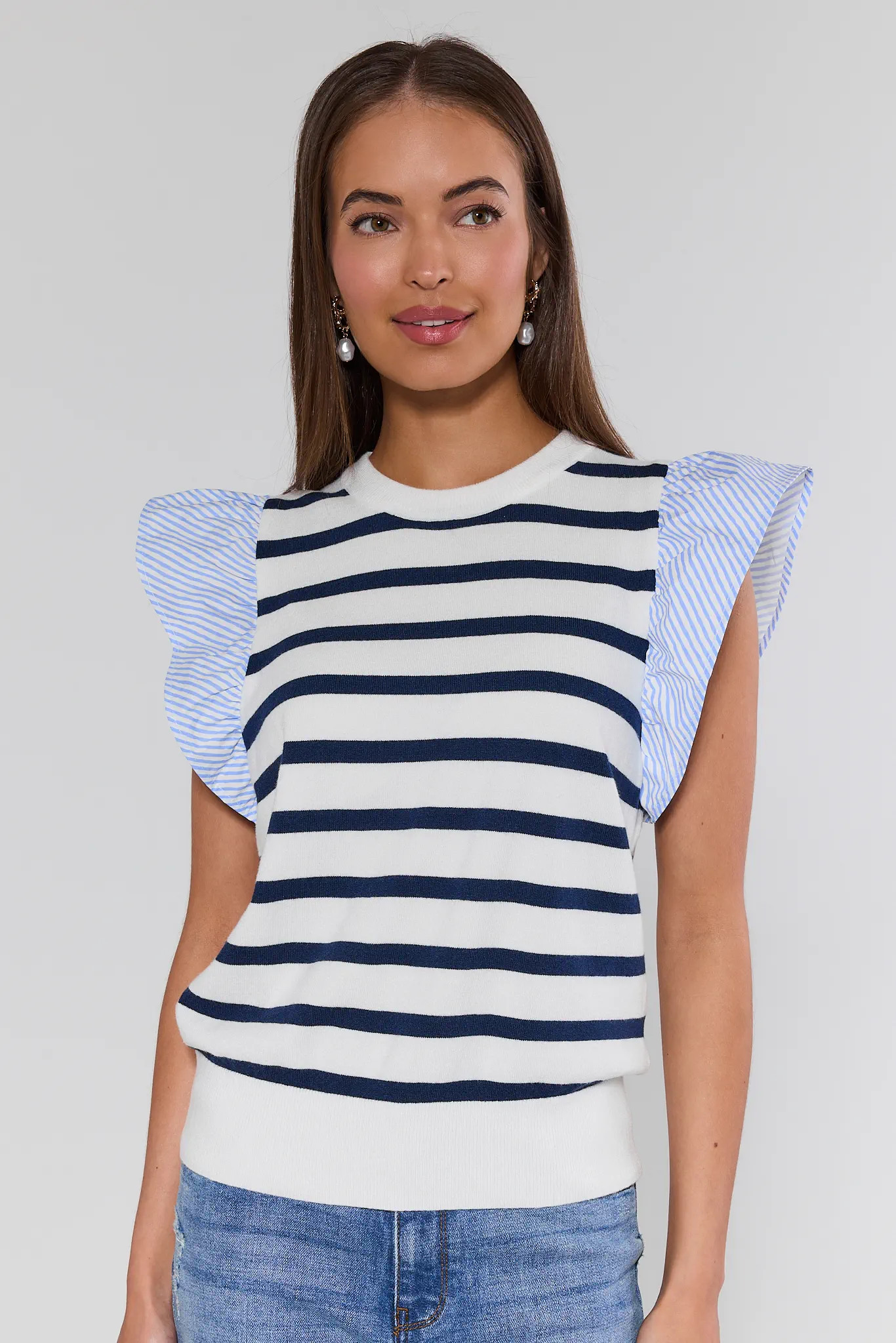 White Striped Flutter Sleeve Top | Avara