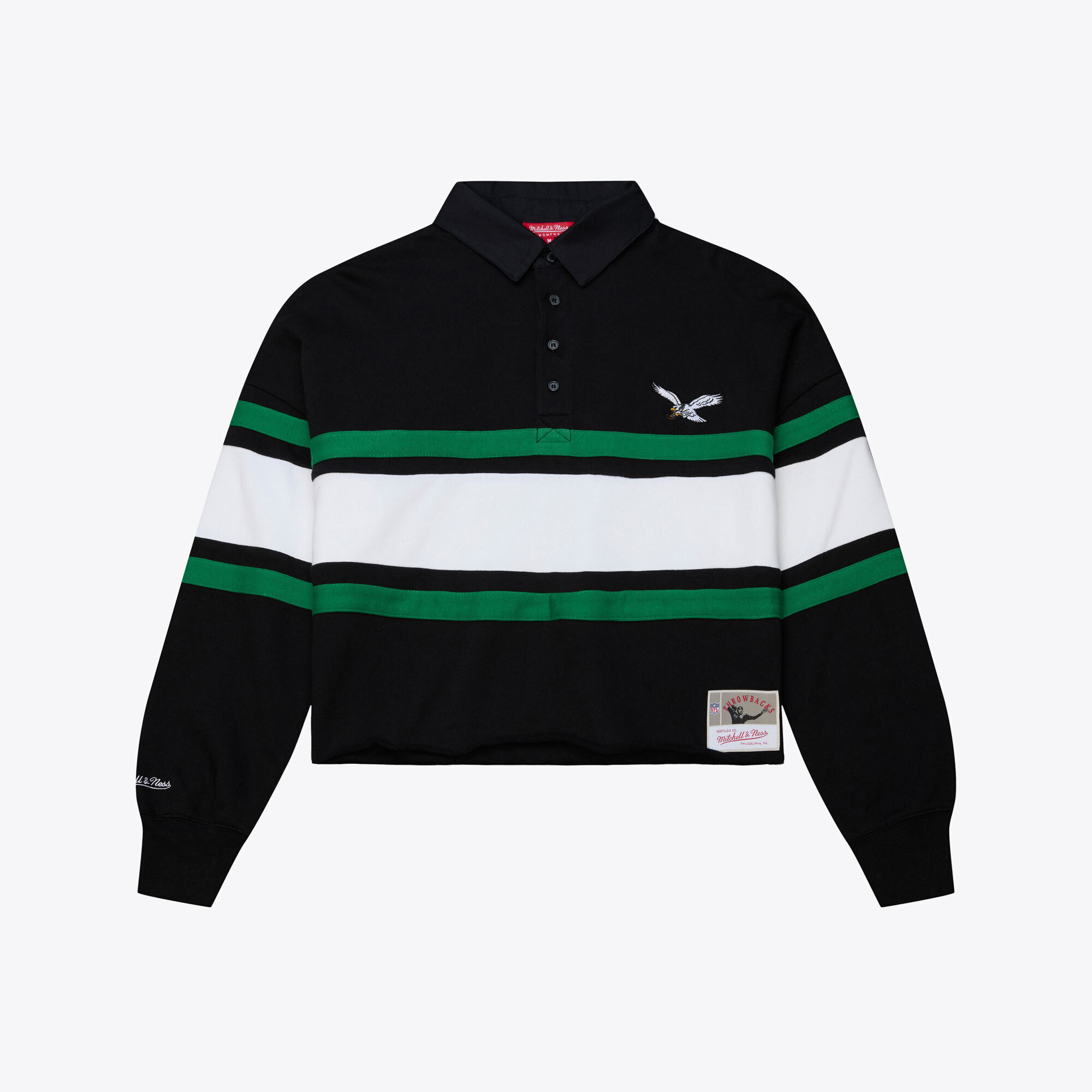 Women's Mitchell & Ness Black Philadelphia Eagles Throwback Cropped Long Sleeve Rugby Polo | Fanatics
