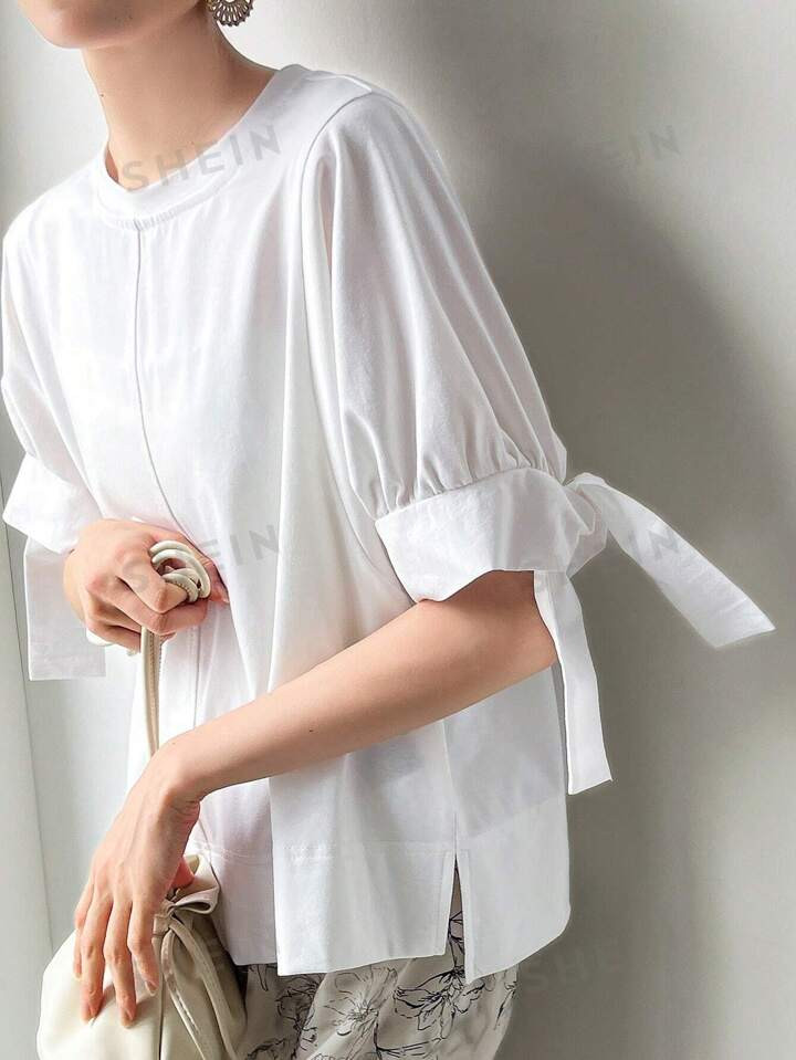 FRIFUL Maglietta A Maniche Corte Donna Di Colore Solido Con Lacci Alle Maniche | SHEIN