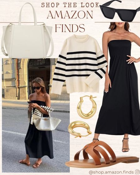 Pinterest inspired look, styled from Amazon!
Black strapless dress, stripped sweater for over your shoulders, and a large cream tot!

#LTKstyletip #LTKFind #LTKshoecrush