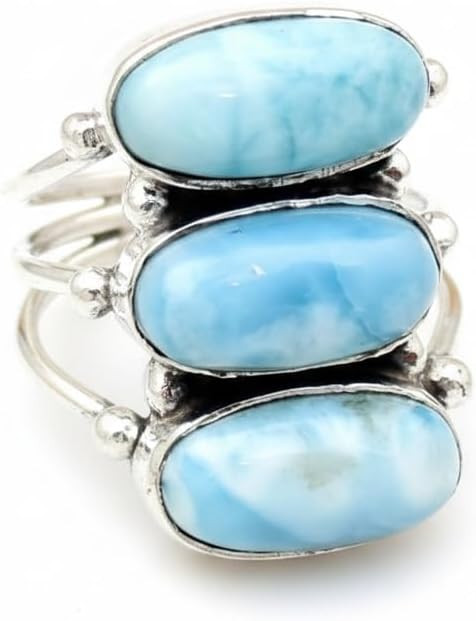 Natural Larimar Ring, 925 Sterling Silver, Handmade Three Stone Design, Statement Gemstone Jewelr... | Amazon (US)