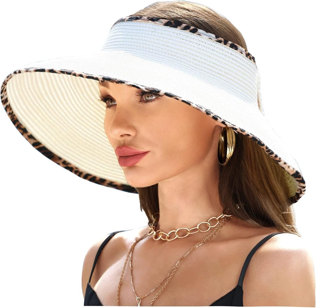 LA CARRIE Wide Brim UV Protection Sun Hats for Women with Leopard Trim Straw Roll Up Beach Visor ... | Amazon (US)