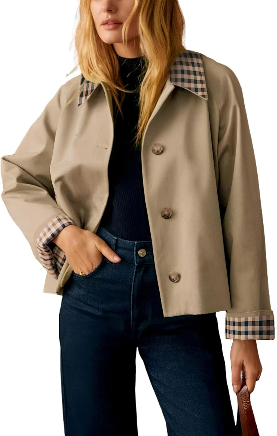 Womens Short Trench Jacket Gingham Contrast Lapel Collar Coat Button Down Long Sleeve Casual Outerwear | Amazon (US)