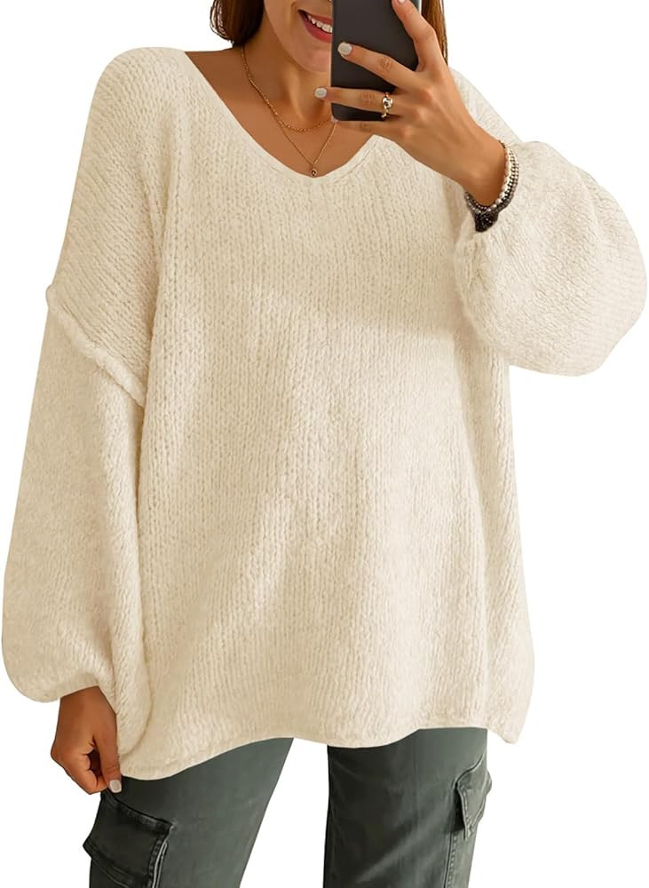 UNCLECAT Womens Oversized V Neck Sweaters Chunky Knit Long Lantern Sleeve Fall Winter Slouchy Tun... | Amazon (US)