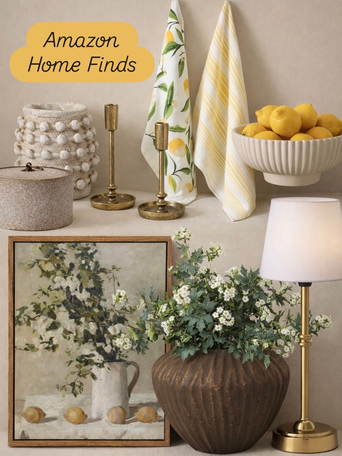 🍋 Amazon Kitchen Finds 
Follow @farmtotablecreations on Instagram for more elevated everyday finds 🤍

These are the kind of kitchen pieces that quietly make everything feel more styled without trying too hard. From the prettiest lemon towels (hello spring refresh 🍋) to those brass candle holders that add just the right amount of warmth… every piece here layers beautifully into a neutral kitchen.

That ribbed bowl filled with lemons? Instant centerpiece. The textured storage + soft artwork? It’s giving high-end without the price tag. And don’t even get me started on that lamp… it’s the cozy glow every kitchen needs.

Everything here is simple, timeless, and easy to mix into what you already have—because the best spaces are built one good find at a time.

#kitchenfinds #amazonhome #kitchendecor #countertopdecor #homedecor

#LTKSeasonal #LTKHome #LTKSaleAlert