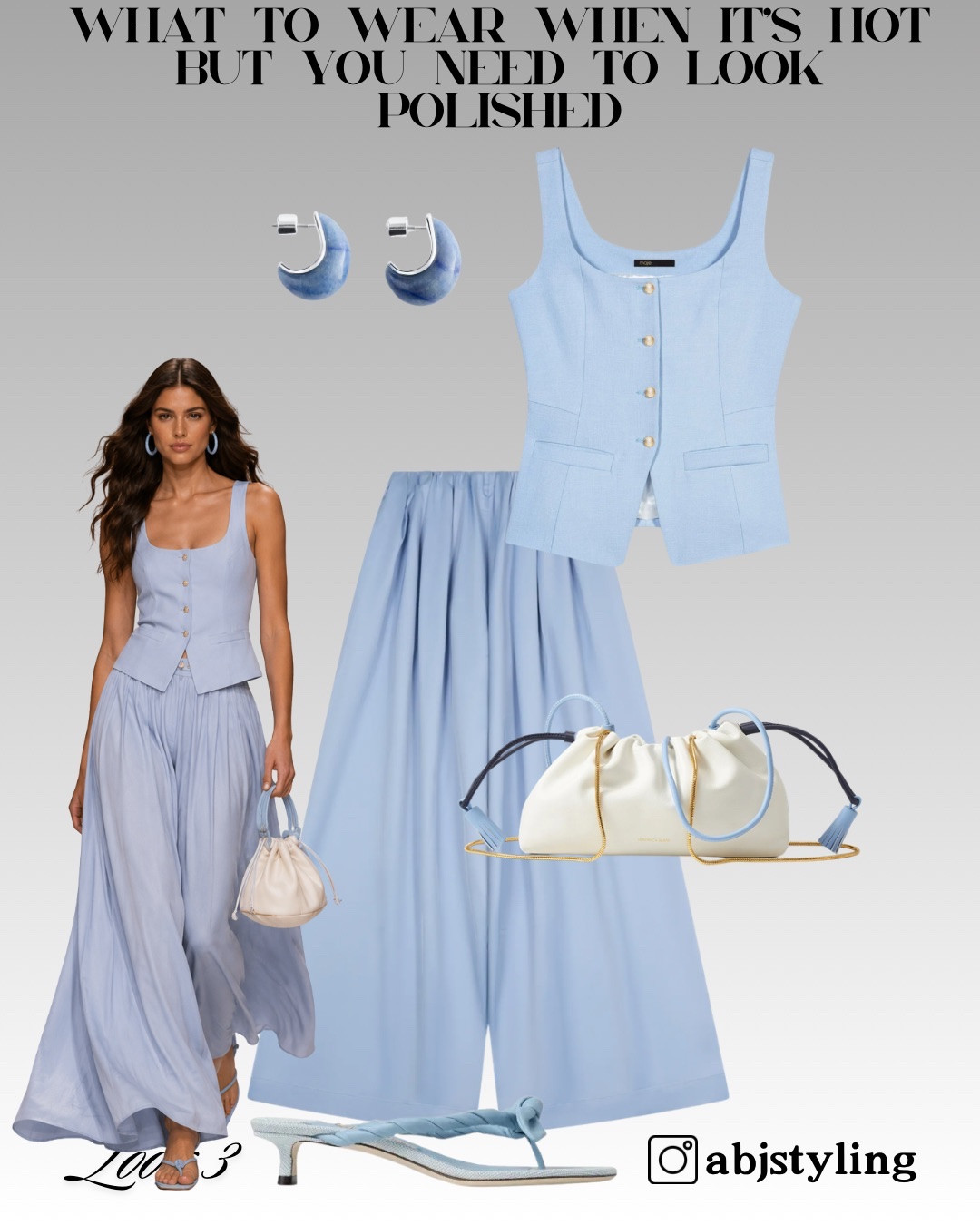 A soft blue summer co-ord combining a structured waistcoat with fluid satin wide-leg trousers. Finished with tonal earrings, twisted kitten-heel sandals and a softly gathered white bag.

Styling tip: When pairing structured and fluid pieces, keep them within the same colour family so the contrast in texture looks deliberate.

#LTKuk #LTKsummer #LTKeurope