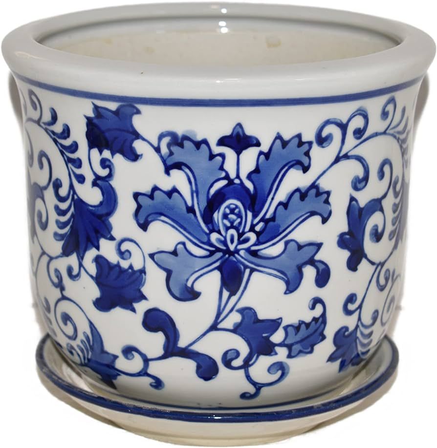 6" Beautiful Oriental Lotus Flowers & Vine Blue & White Ceramic Planter Pot with Saucer | Amazon (US)