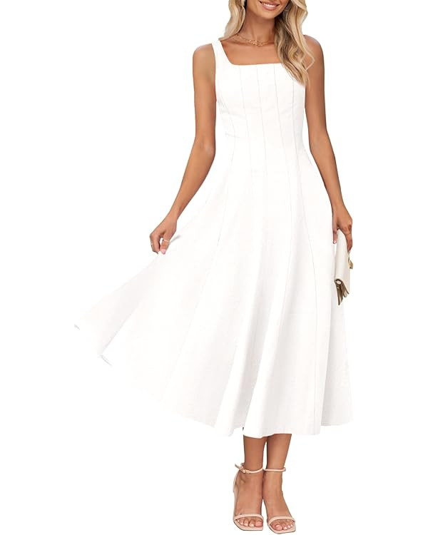 MEROKEETY Women's 2026 Summer Sleeveless Midi Dress Square Neck Smocked Flowy A Line Beach Dresse... | Amazon (US)