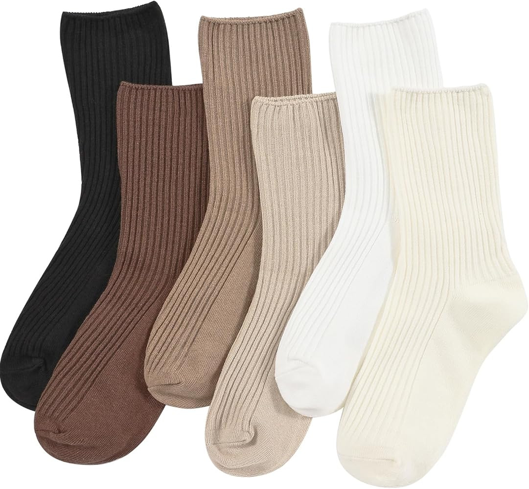 DOKUTOKU Womens Crew Socks Size 7-9 Cotton Cute Long Fall Workout Casual Socks 6 Pack | Amazon (US)