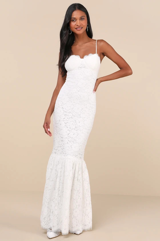 Instinctively Stunning White Lace Bustier Trumpet Maxi Dress | Lulus