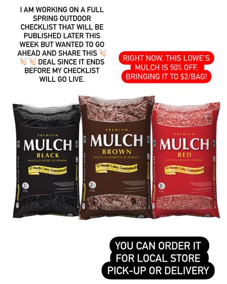 Killer spring outdoor deal! Lowe’s has this mulch for 50% off right now (ends soon!), making each color $2/bag! You can order online for store pick-up or delivery 👏🏻👏🏻👏🏻 landscape landscaping outdoor home  decor spring refresh 

#LTKSeasonal #LTKsalealert #LTKhome