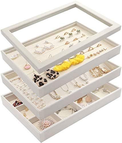 Mebbay Stackable White Velvet Jewelry Trays Organizer Set with Clear Lid Jewelry Storage Display ... | Amazon (US)