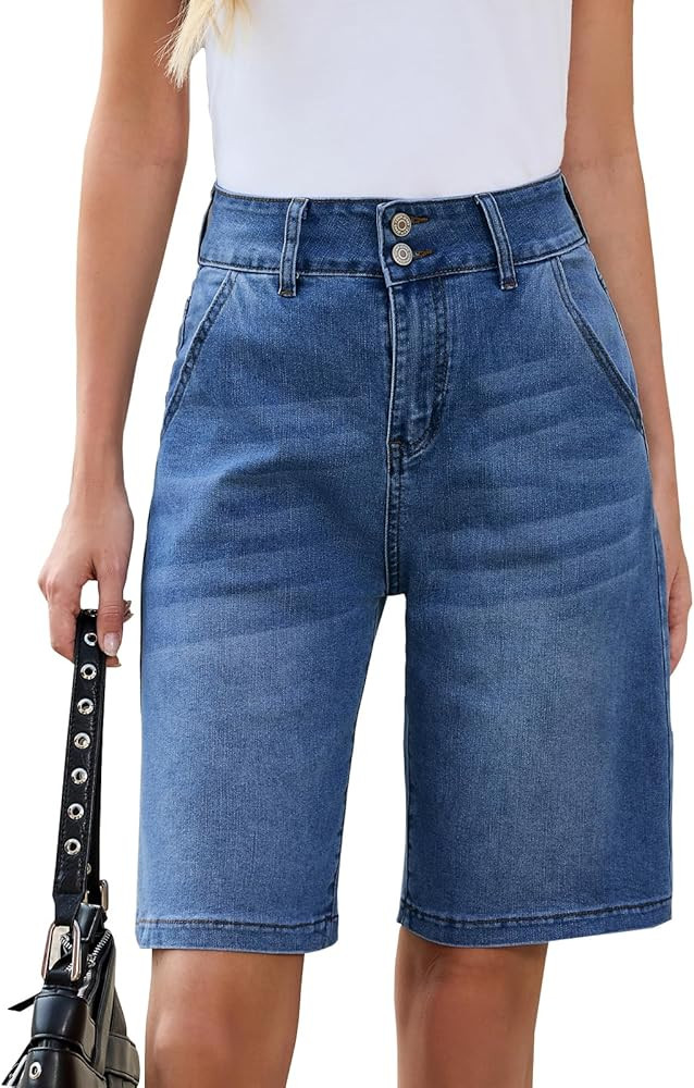 Jean Shorts for Women Long Stretchy High Waisted Denim Bermuda Shorts Baggy Jorts | Amazon (US)