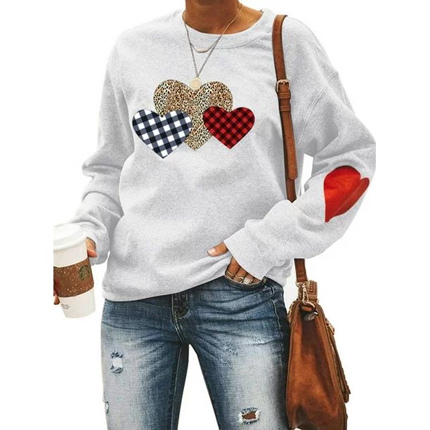 Kiapeise Women Tops Heart Plaid Leopard Print Round Collar Long Sleeve Pullover | Walmart (US)