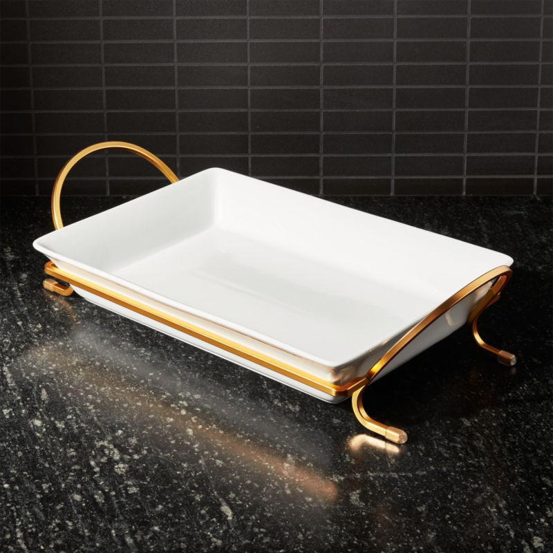 Cambridge 13.75" Gold Baking Dish with Rack + Reviews | Crate & Barrel | Crate & Barrel