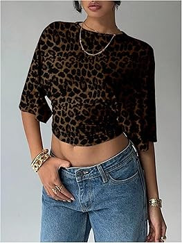 SweatyRocks Women's Leopard Print Cinched Waist Half Sleeve Crop Tops Crew Neck Ruched T Shirts G... | Amazon (US)
