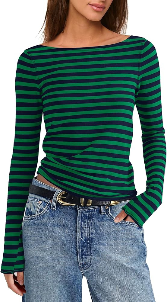SENSERISE Womens Striped Long Sleeve Shirt Boat Neck Tops Color Block Fitted Shirts Trendy Y2k To... | Amazon (US)