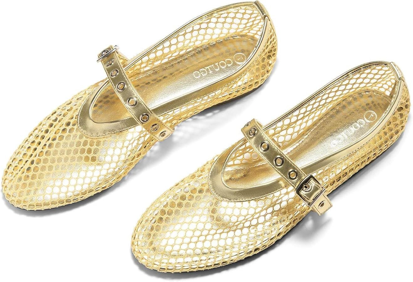 Coutgo Womens Mesh Ballet Flats Mary Jane Fishnet Ballerina Buckle Strap Comfortable Causal Dress... | Amazon (US)