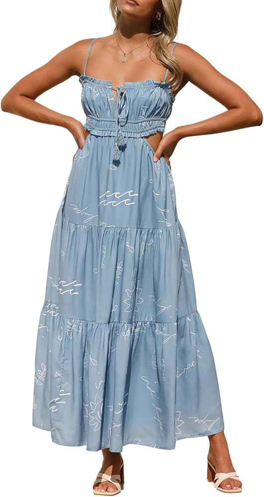 ebossy Women's Cut Out Ruffled Long Boho Dress Sexy Spaghetti Straps Open Back Flowy Sundress | Amazon (US)