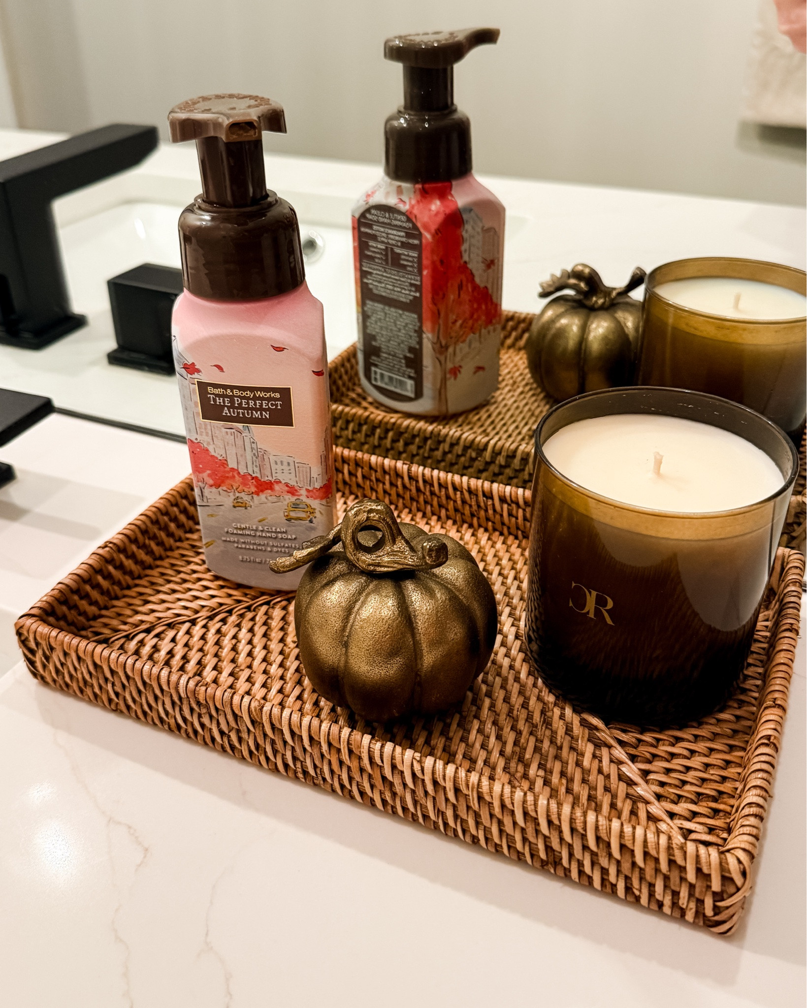A little fall refresh for the bathroom 🍂 Pumpkins, warm candles + seasonal soap make it feel instantly cozy. #FallDecor #BathroomDecor

#LTKdayinmylife #LTKSeasonal #LTKHome