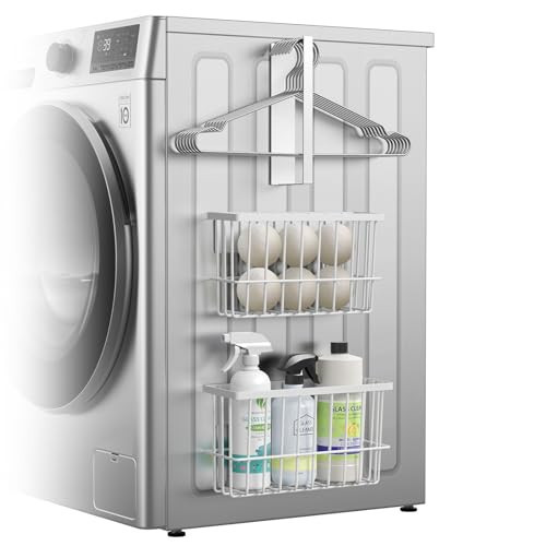Laundry Room Organization and Storage Magnetic Dryer Ball Holder with Magnetic Hanger Holder, Magnetic Lint Bin for Washer Dryer, Iron Basket Dryer Ball Container, Magnetic Laundry Organizer (White) | Amazon (US)
