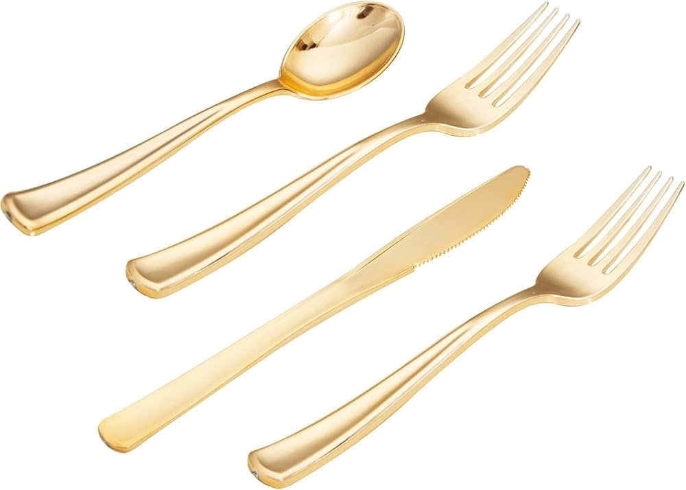 WELLIFE 300PCS Gold Plastic Silverware - Gold Plastic Cutlery Set Disposable Dinnerware -100 Gold... | Amazon (US)