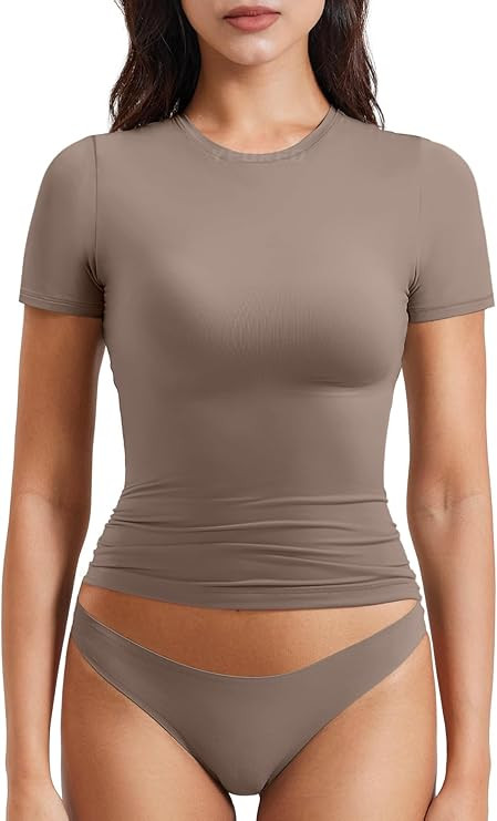 YEOREO Women Fitted Workout Tops Short Sleeve Double Lined Basic Y2K Going Out Crew Neck Compress... | Amazon (US)
