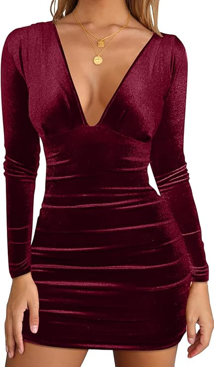 GOBLES Women's Sexy Velvet Long Sleeve V Neck Ruched Bodycon Mini Party Dress | Amazon (US)