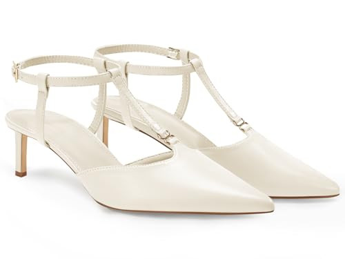 Coutgo Womens Kitten Heels T Strap Closed Pointed Toe Pumps Low Heel Ankle Strap Comfortable Dress Shoes, Creamy White, Size 6 | Amazon (US)
