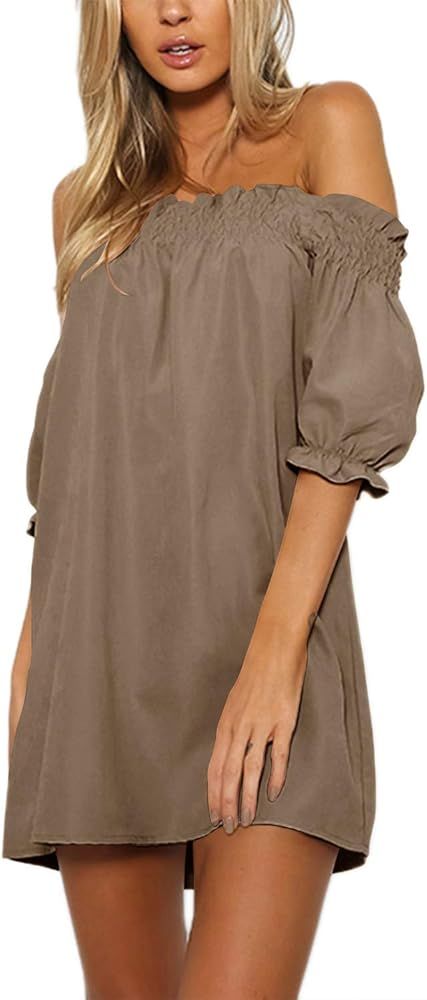 YOINS Women Mini Casual Dresses Solid Off Shoulder Tunics Short Sleeves Loose Summer T Shirt Blouse  | Amazon (US)