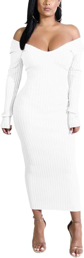 Cosygal Women's Casual Sexy Solid Off Shoulder Slim Maxi Long Knit Sweater Dress | Amazon (US)