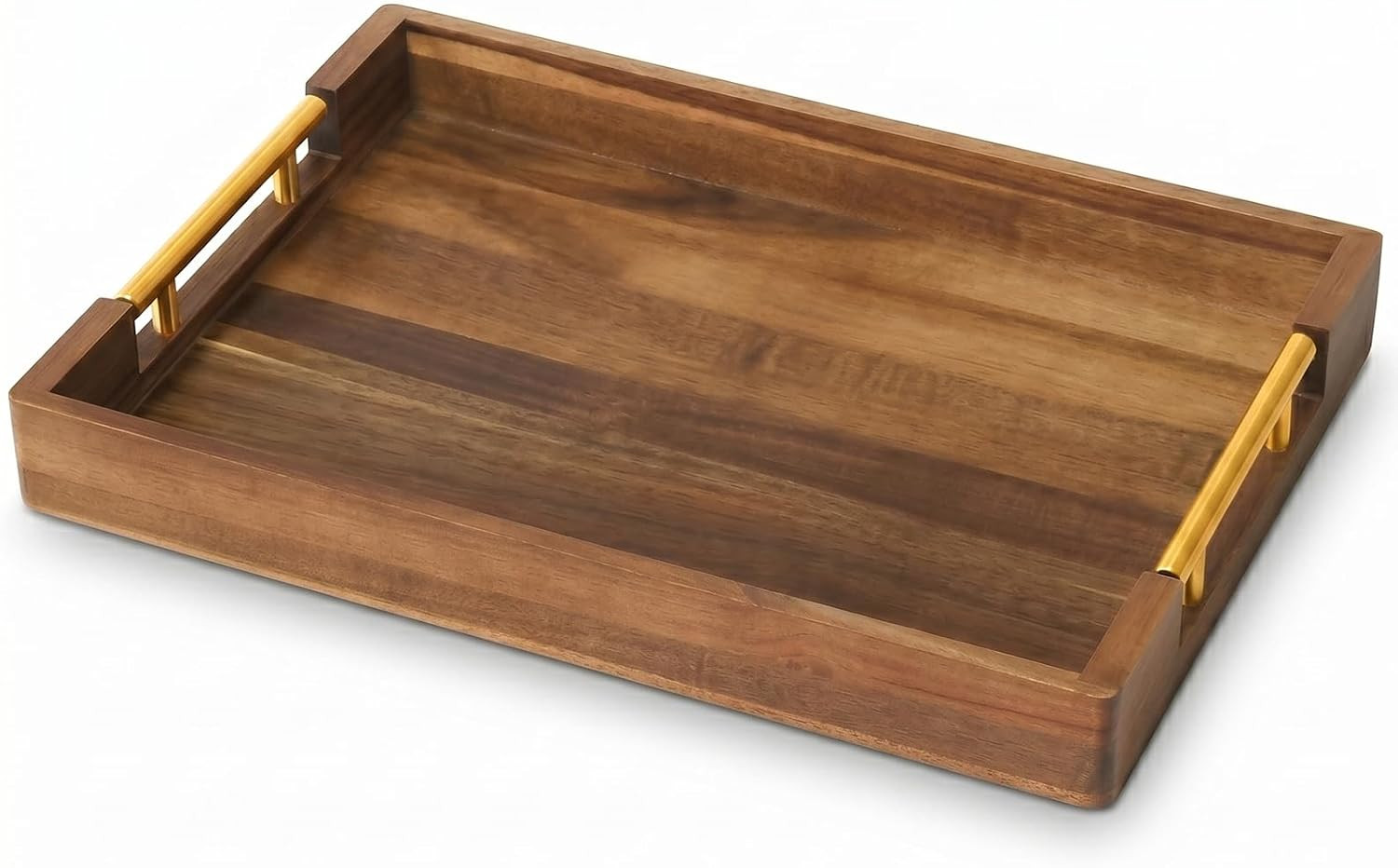 Acacia Wood Serving Tray with Golden Handles, 17" Wooden Tray for Ottoman | Amazon (US)