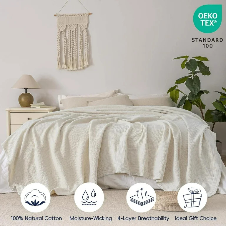 PHF 100% Cotton Muslin King Blanket, 108" x 90", 4-Layer Lightweight and Breathable Blanket, Luxu... | Walmart (US)