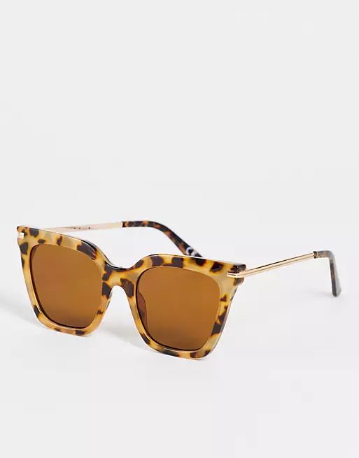 ASOS DESIGN recycled square cat eye sunglasses with metal arms in milky tort | ASOS (Global)