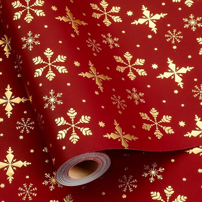 Flyhill Christmas Wrapping Paper,Metallic Gold Embossed Foil Snowflake Red Gift Wrap for Holiday,... | Amazon (US)