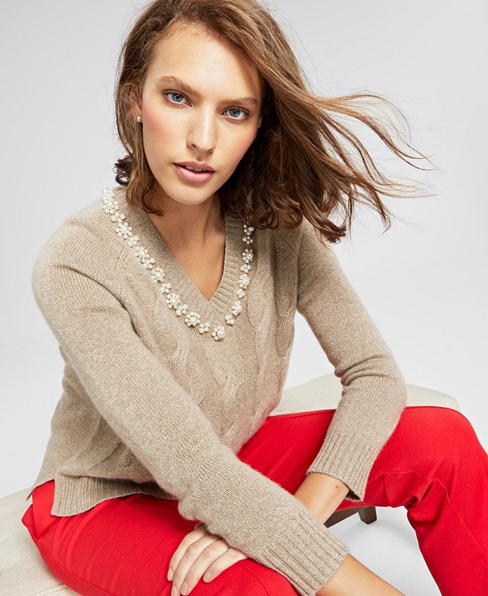 Charter Club Embellished Metallic V-Neck Sweater, Created for Macy's & Reviews - Sweaters - Women... | Macys (US)