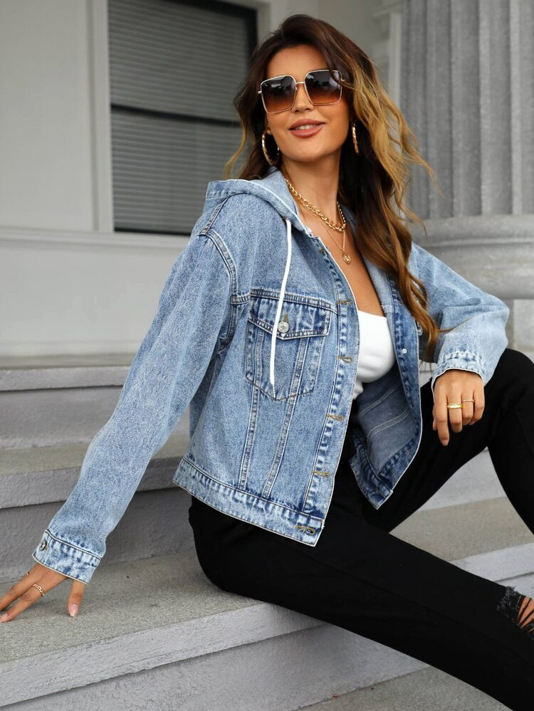 Flap Pocket Drop Shoulder Denim Jacket | SHEIN