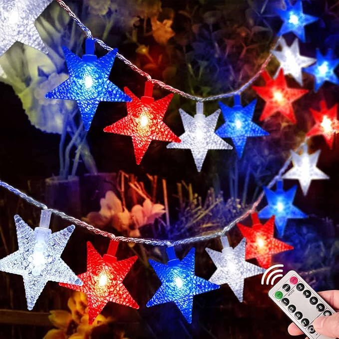 26FT 51 LED Battery Operated 4th of July Decorations Red White and Blue String Lights,Battery Pat... | Amazon (US)