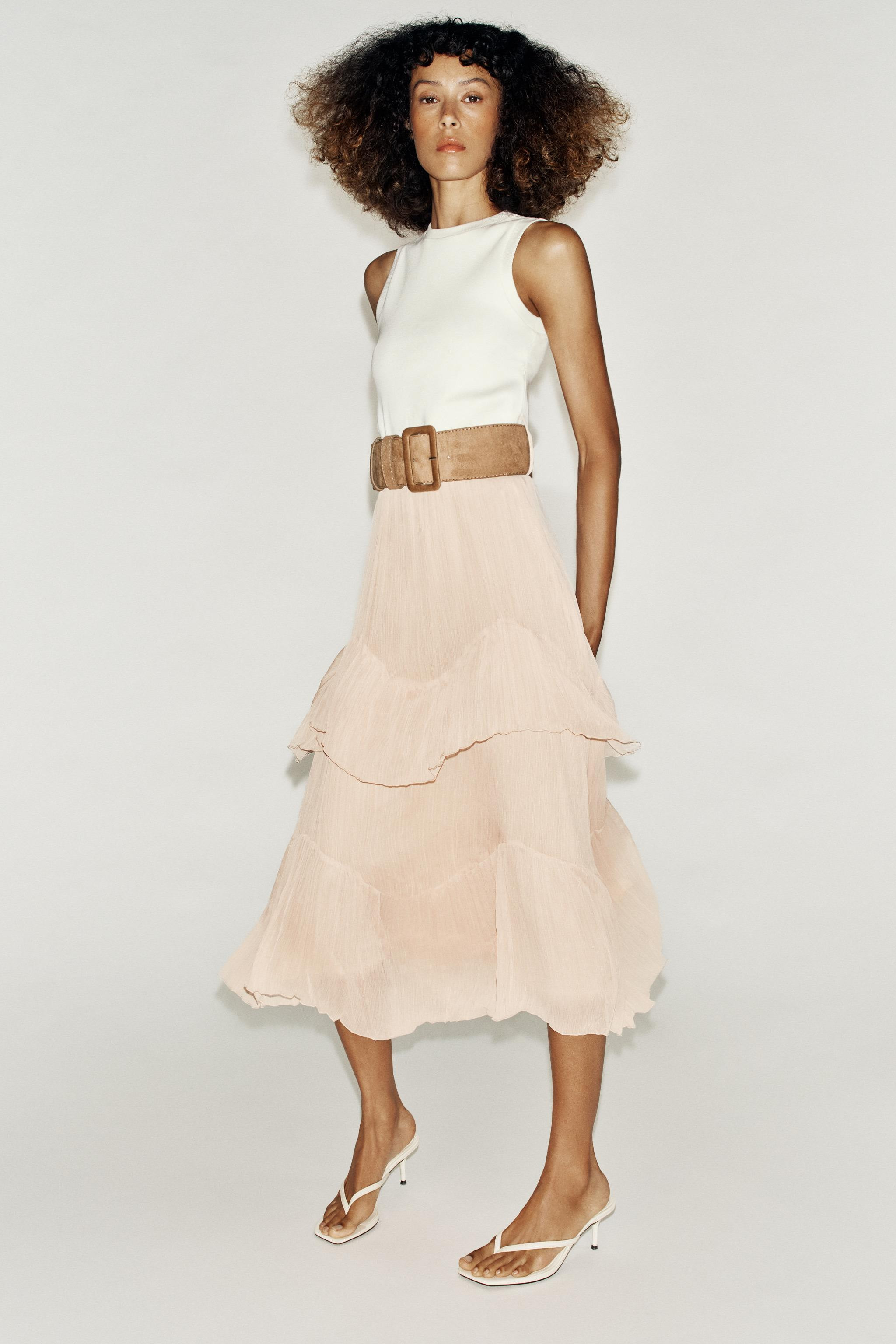 Sleeveless crew neck dress featuring a wide belt detail. Mixed fabric design with a ruffled hem. ... | Zara US