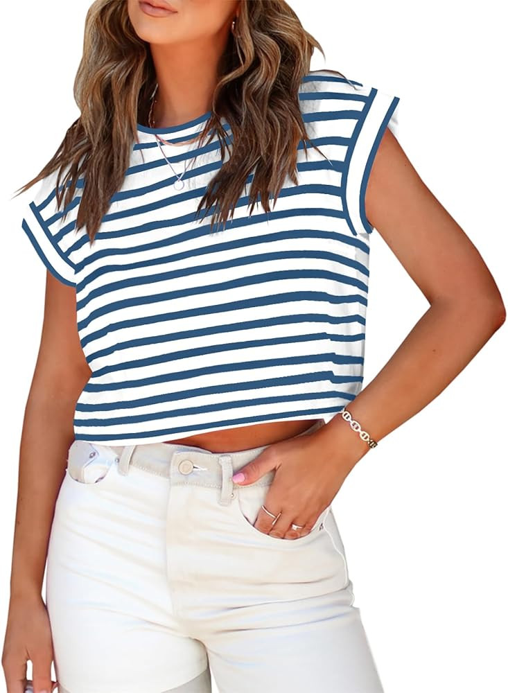 Tankaneo Womens Short Sleeve Cropped T-Shirts Summer Rolled Dolman Sleeve Crop Tops Casual Round ... | Amazon (US)