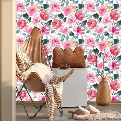 Watercolor Pink Peony Flower Peel And Stick Wallpaper, Removable Vintage Vinyl Wall Covering For DIY Decor (17.7'' X 236.2'', 29 Sq Ft) | Wayfair North America