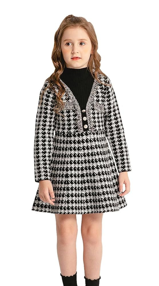 SMILING PINKER Girls Dresses Houndstooth Knitted Sweater Flare Winter Dress Mock Neck | Amazon (US)
