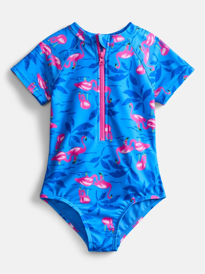 Wonder Nation Girls Zip-Up Rash Guard One-Piece Swimsuit with Short Sleeves, Sizes 4-18 | Walmart (US)