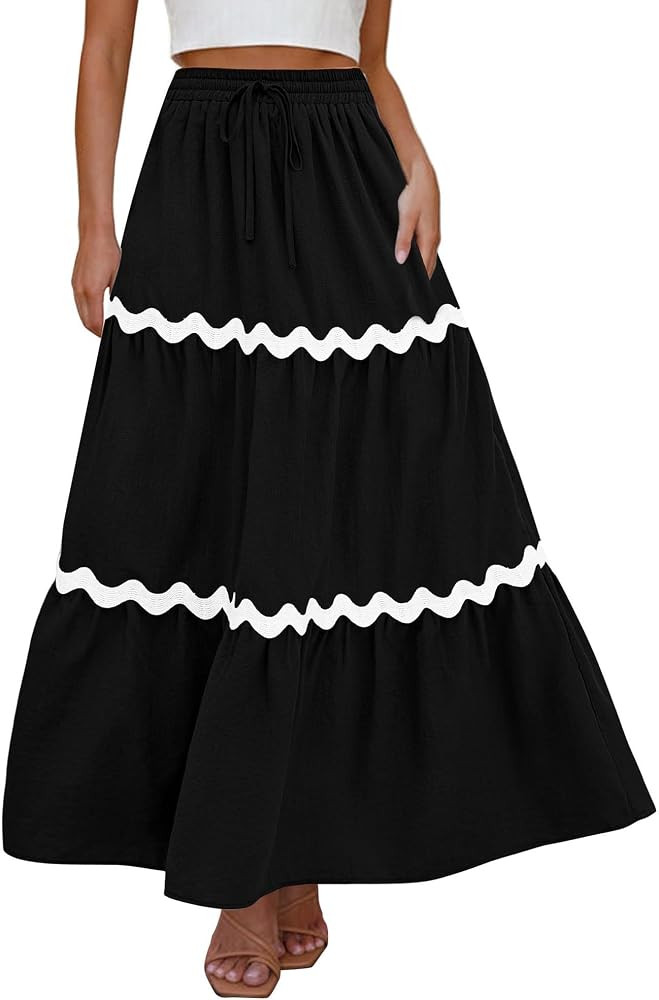 KIRUNDO Women Summer Boho Drawstring Elastic High Waist Maxi Skirt 2024 Casual A-Line Beach Flowy... | Amazon (US)
