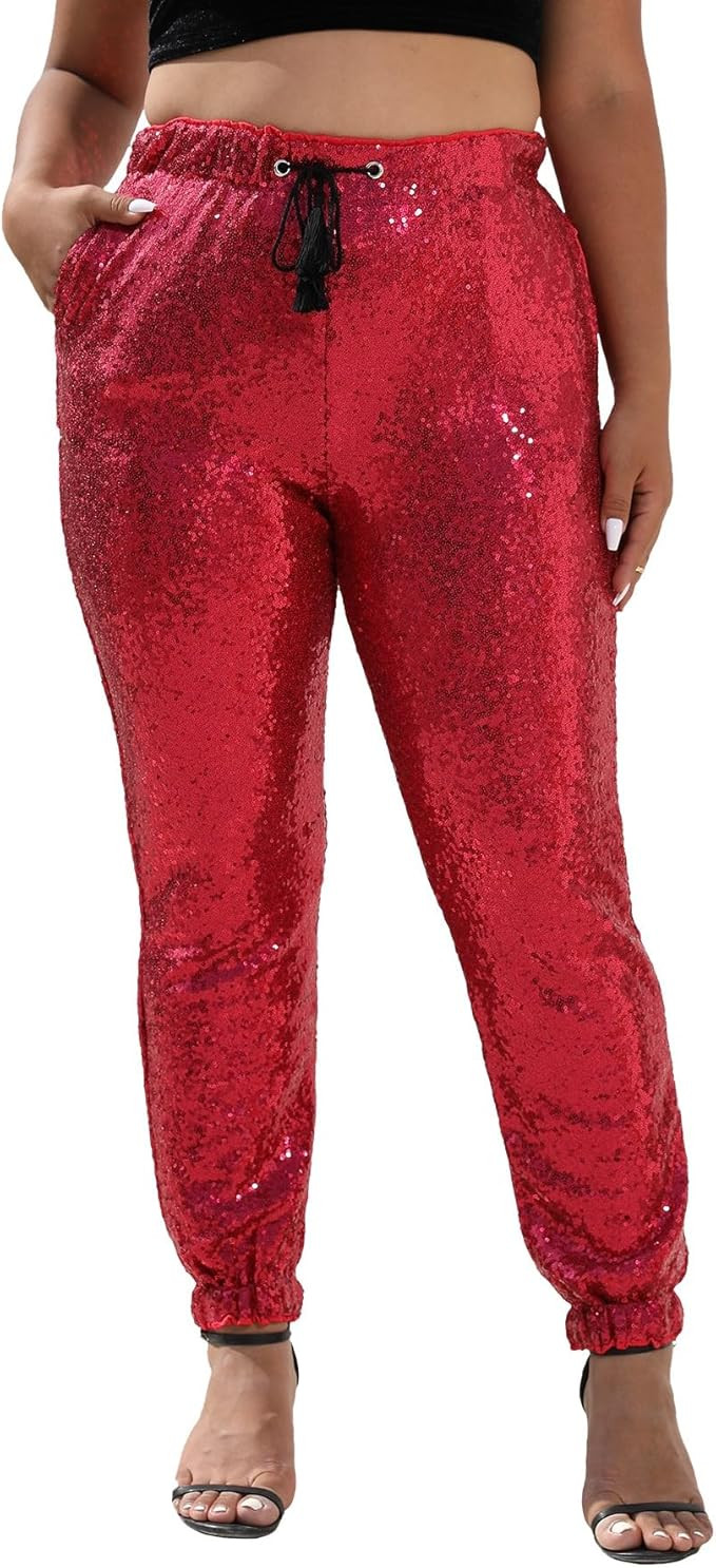 J&DHUASHA Womens Casual Sparkly Sequin Pants High Waist Glitter Joggers Pants Bling Party Skinny ... | Amazon (US)