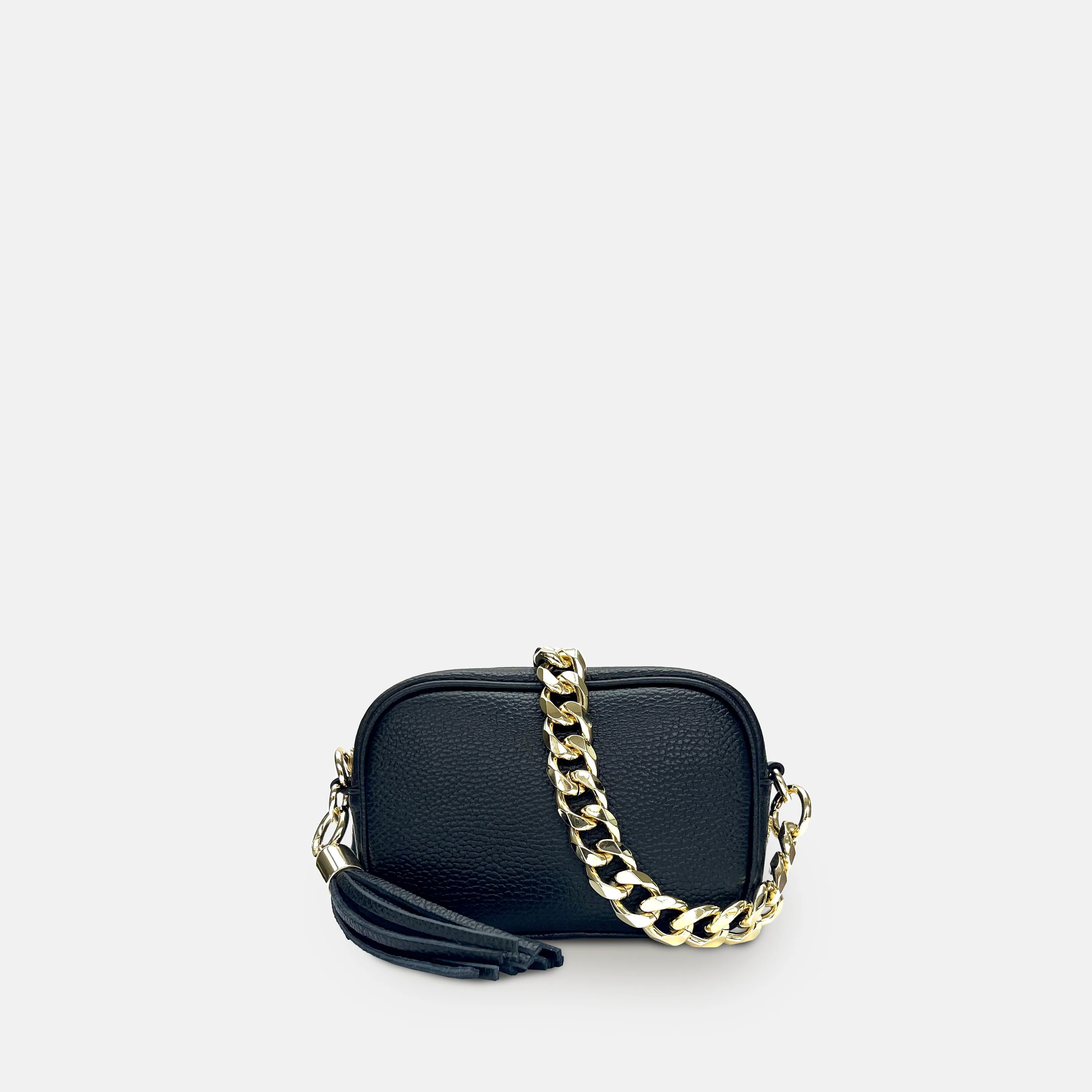 The Mini Tassel Black Leather Phone Bag With Gold Chain Strap | Shop Simon